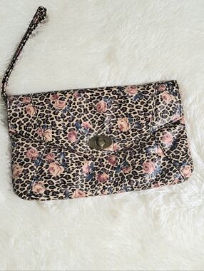 Y2K Leopard Rose Print Wristlet Clutch Bag